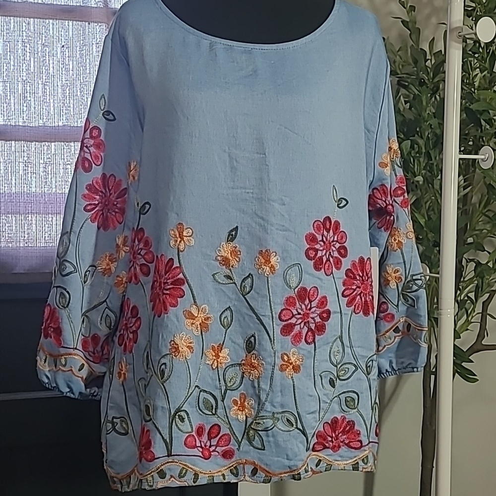 Ana & Rose Emboridered Floral Boho 3/4 Sleeve Tunic Top XL New